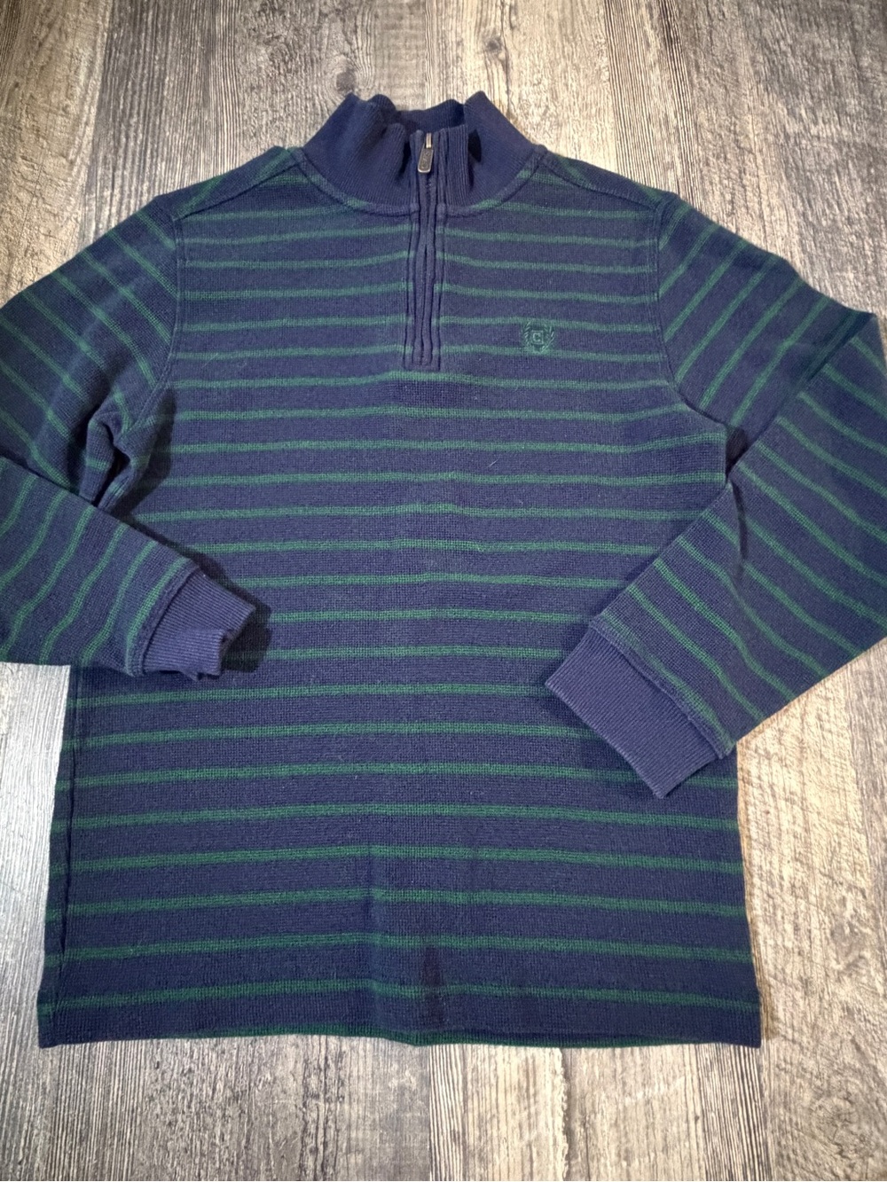 Chaps Boys Quarter Zip Pullover Sweater Navy Green Striped Size 10/12